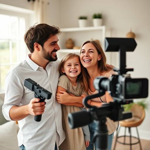 Famiglia felice che condivide un momento di gioia durante una ripresa domestica.