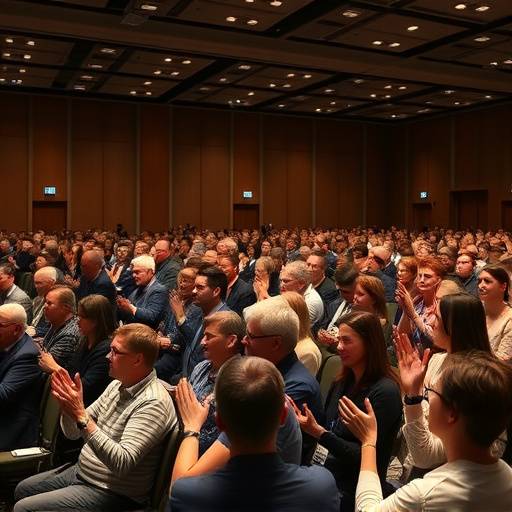 Fotografia di una sala conferenze piena di gente che applaude un relatore sul palco, per rappresentare la copertura di eventi.
