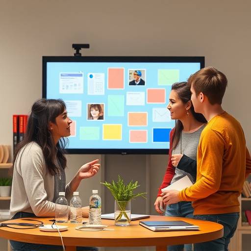 Gruppo di giovani che discutono idee creative attorno a uno schermo.
