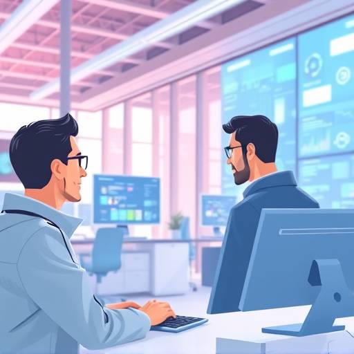 Illustrazione di un'azienda tecnologica, con animazioni grafiche che mostrano il funzionamento di un nuovo software.