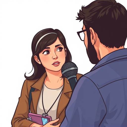 Immagine stilizzata di una persona che ascolta attentamente un intervistato, con un microfono, per rappresentare i documentari.