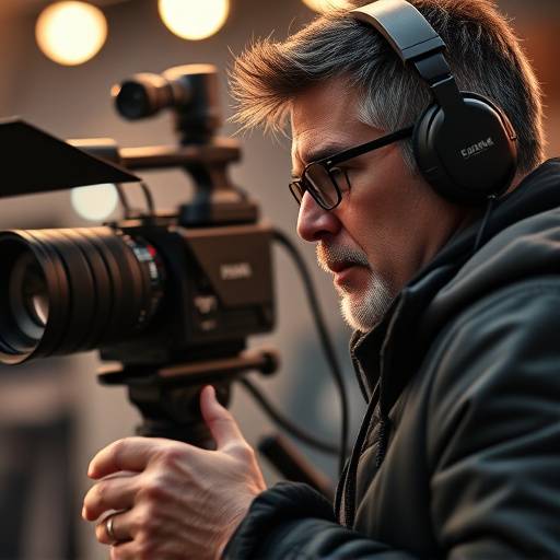 Primo piano di un regista che dirige una scena cinematografica con attrezzatura professionale.