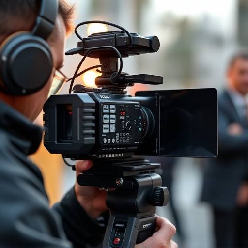 Primo piano di una telecamera professionale puntata su una scena, con un operatore che regola l'inquadratura, per rappresentare riprese professionali.