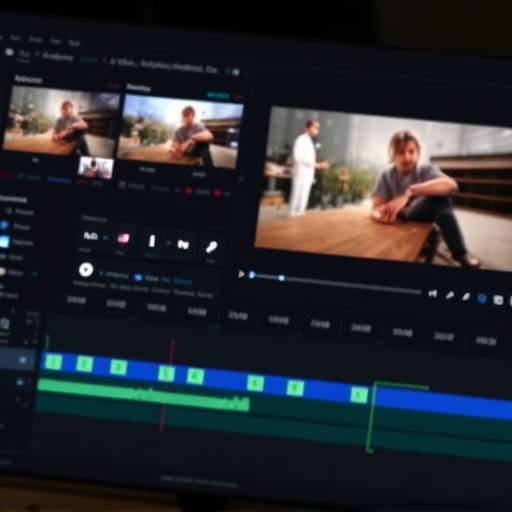 Schermata di un software di editing video con timeline complessa, grafiche in movimento e codec video, per rappresentare la post-produzione.
