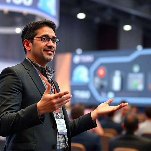 Un imprenditore che presenta con sicurezza il suo prodotto innovativo durante una conferenza.